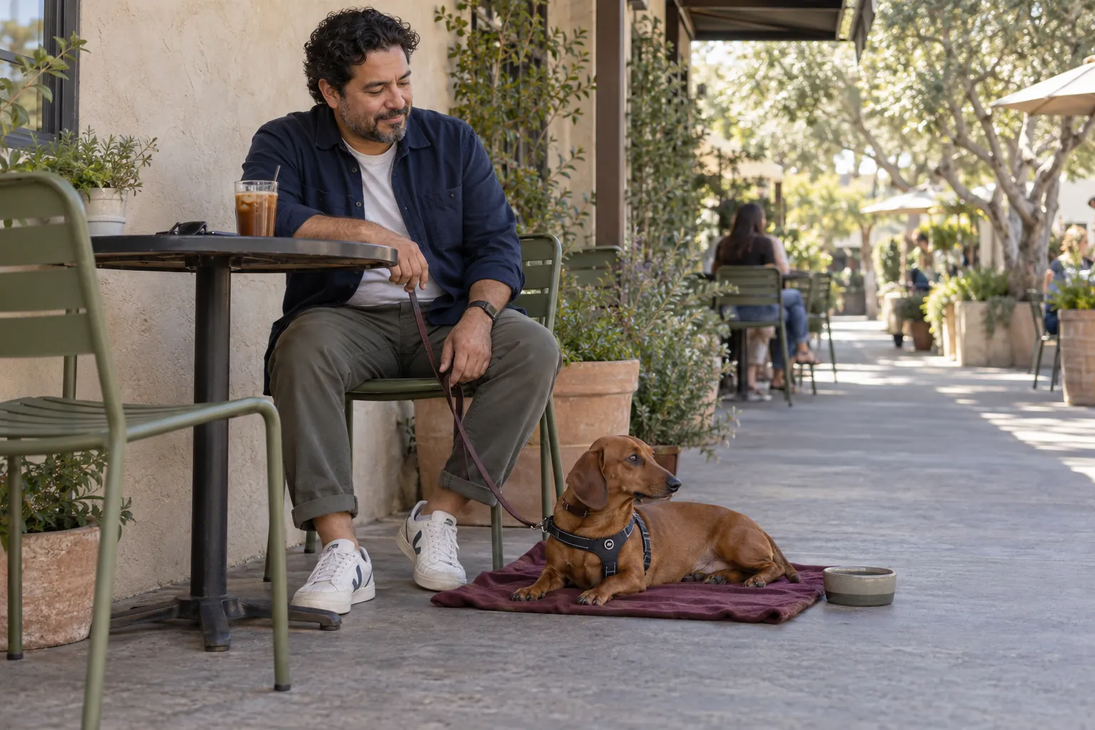 A red dachshund rests on a burgundy blanket beside a seated man holding a slack leash on a shaded café terrace with a clear walkway