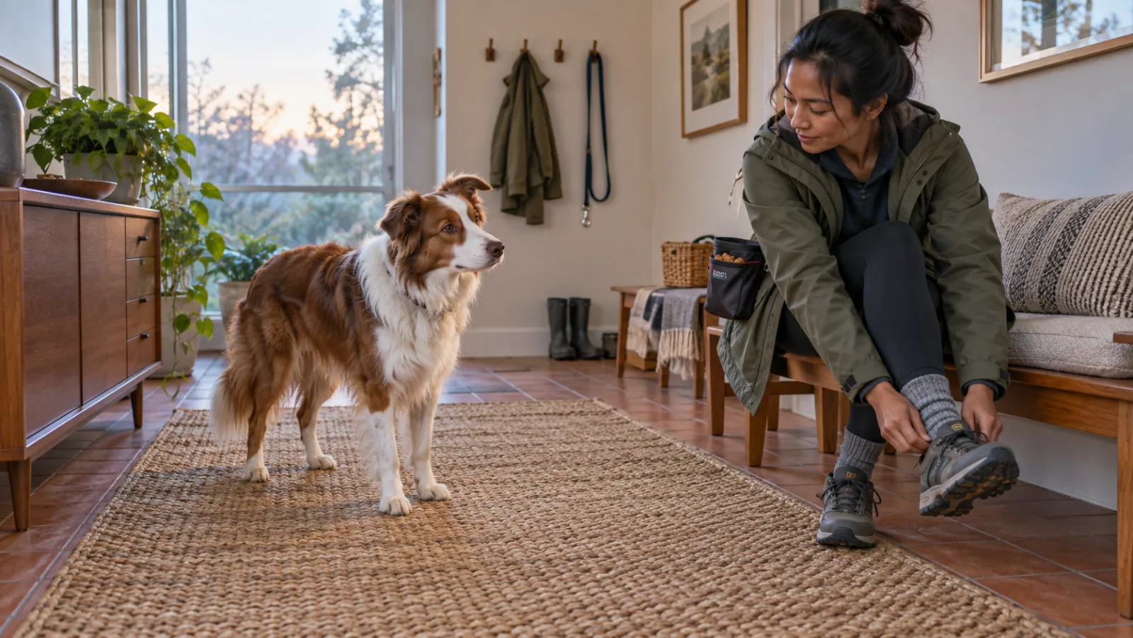 Rudo-biały border collie spokojnie stoi na macie w przedpokoju, gdy opiekunka zakłada but przed spacerem