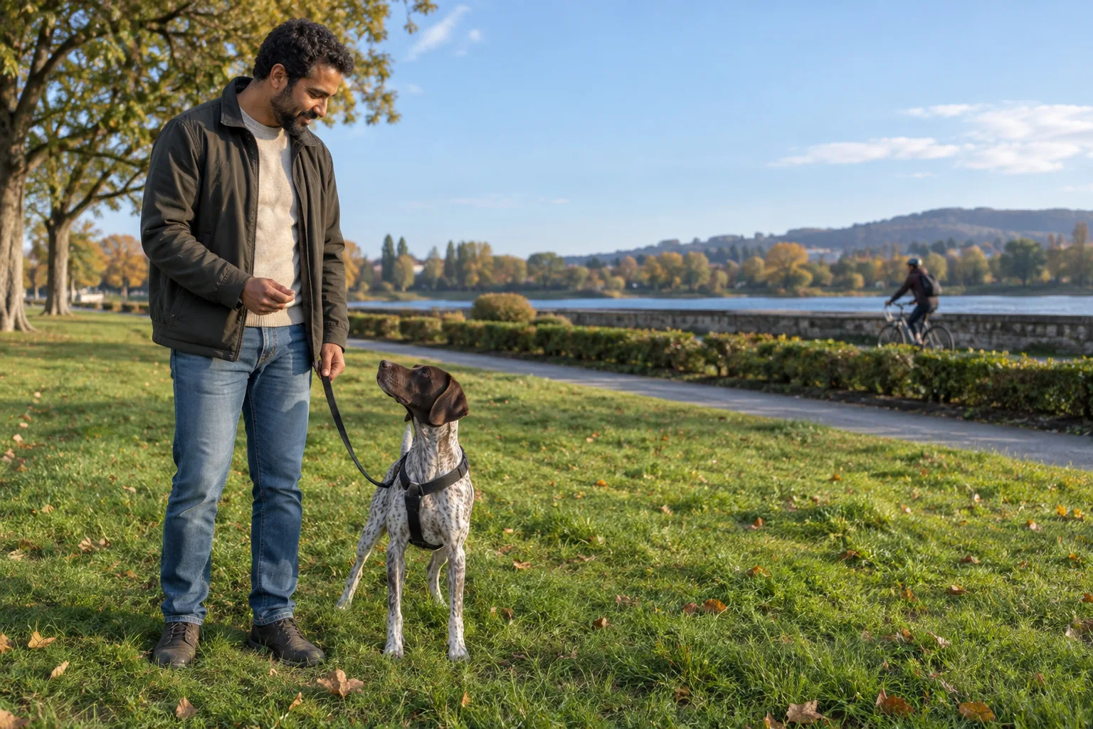Flekket hund i sele ser en syklist langt borte fra en gresskledd elvesti mens en voksen holder båndet løst