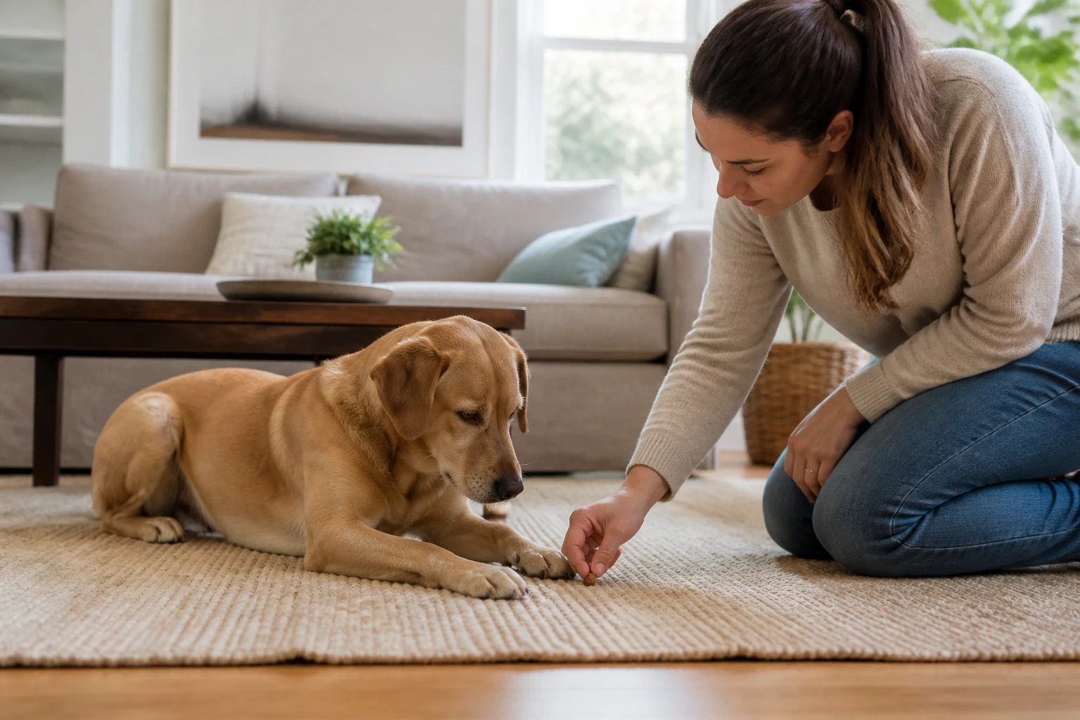 Cruce de labrador tumbado cómodamente mientras su cuidadora coloca un premio entre sus patas delanteras