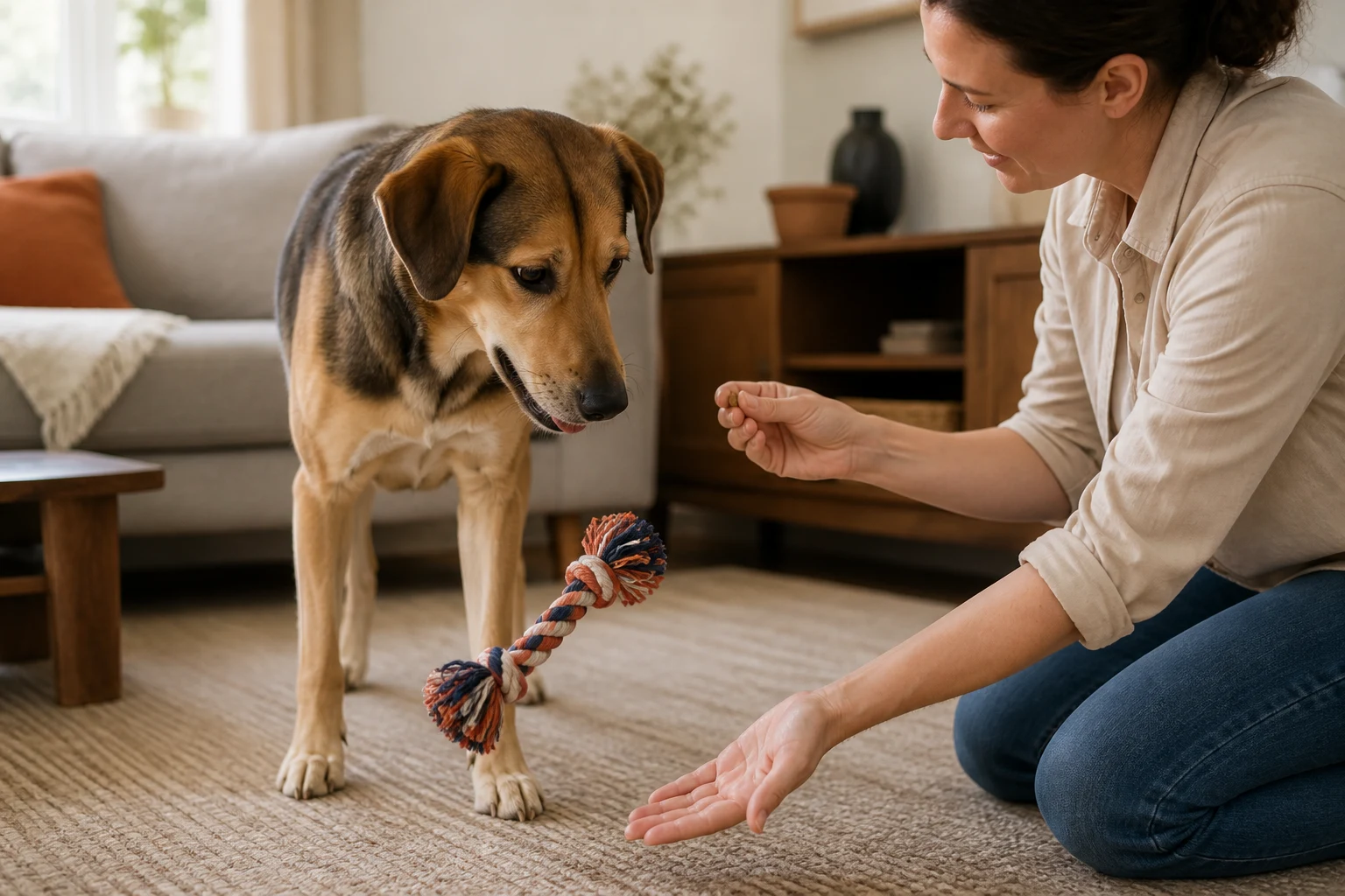 飼い主が小さなごほうびを見せるとロープのおもちゃを放す犬