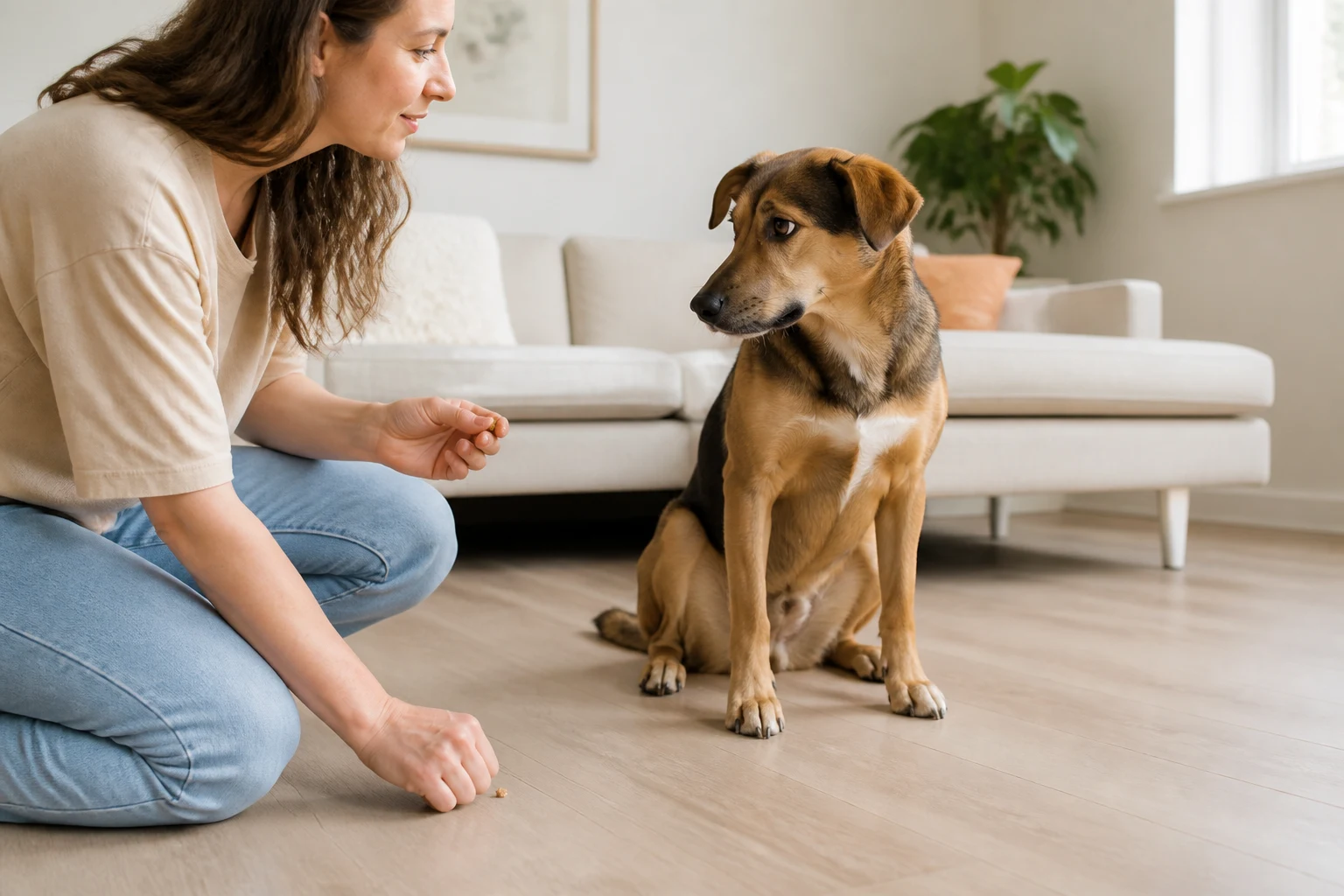 Relaxed dog turns away from a treat during reward-based leave-it training with its owner