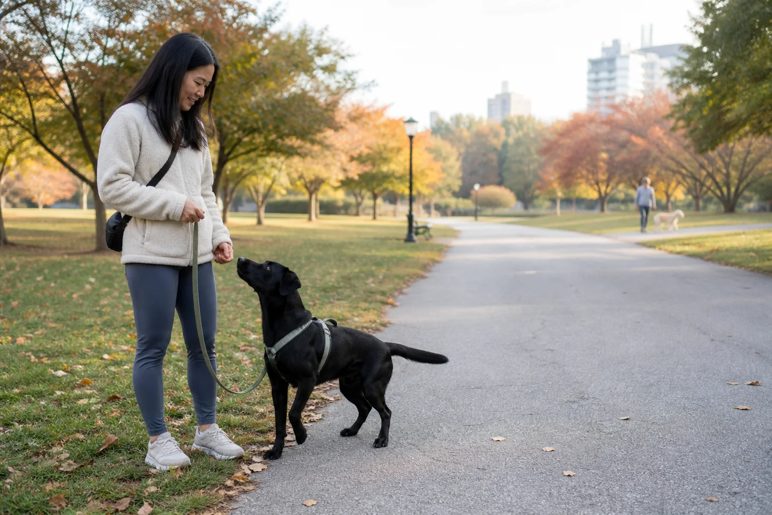 Woman rewards a black dog for checking in while another leashed dog remains far away on a park path