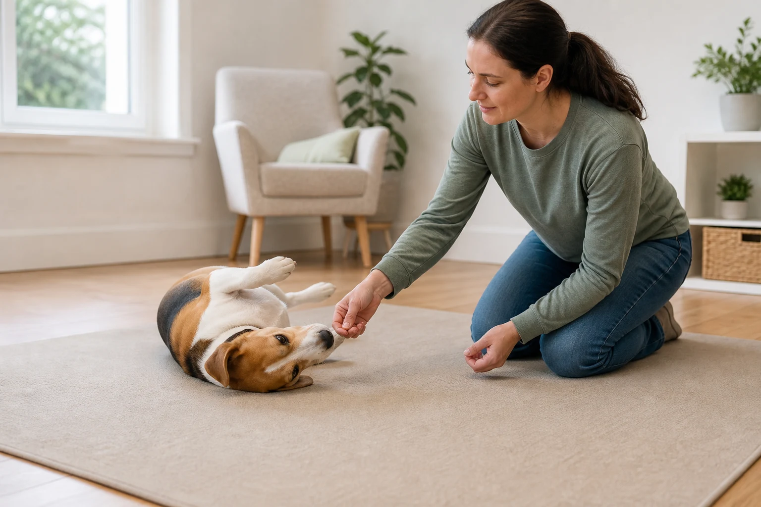Beagle voluntarily rolling onto its back while a trainer guides the movement with a treat on a nonslip mat