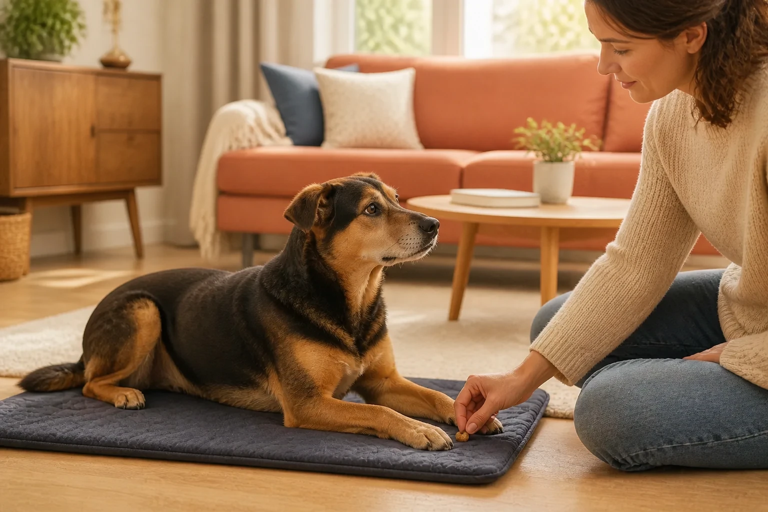 Chien croisé détendu sur un tapis d’entraînement pendant que sa propriétaire pose une récompense entre ses pattes