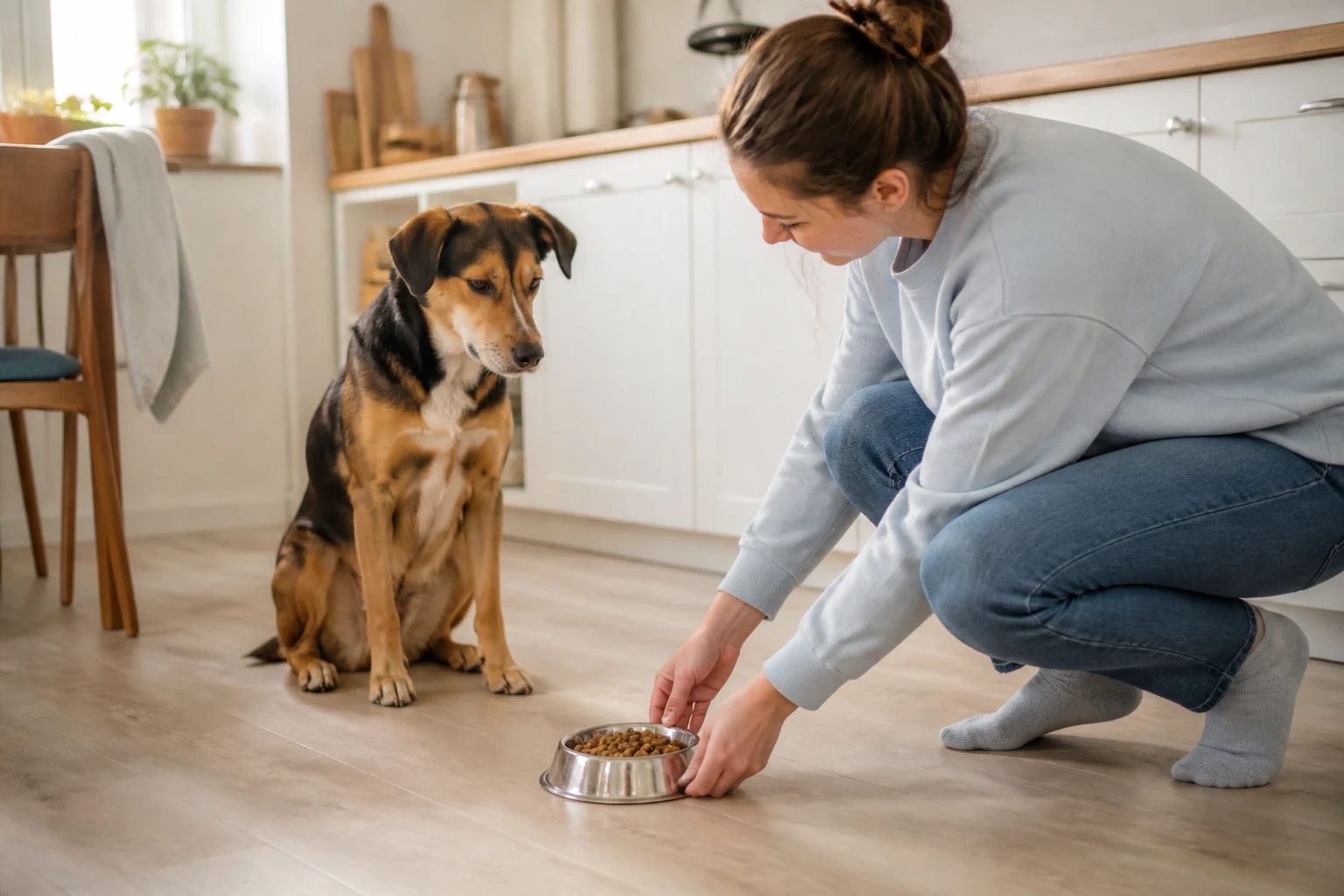 Perro mestizo relajado espera mientras su cuidadora baja el cuenco de comida durante un entrenamiento con recompensas