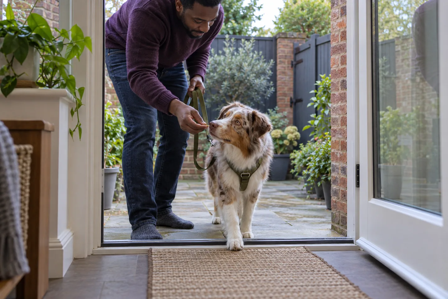 A man offers a reward as an Australian shepherd on a slack held leash voluntarily steps through a garden doorway