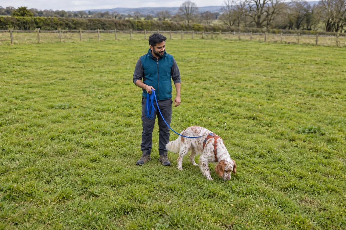 An adult man holds a slack blue long line attached to a setter's harness while the dog sniffs in an empty fenced field