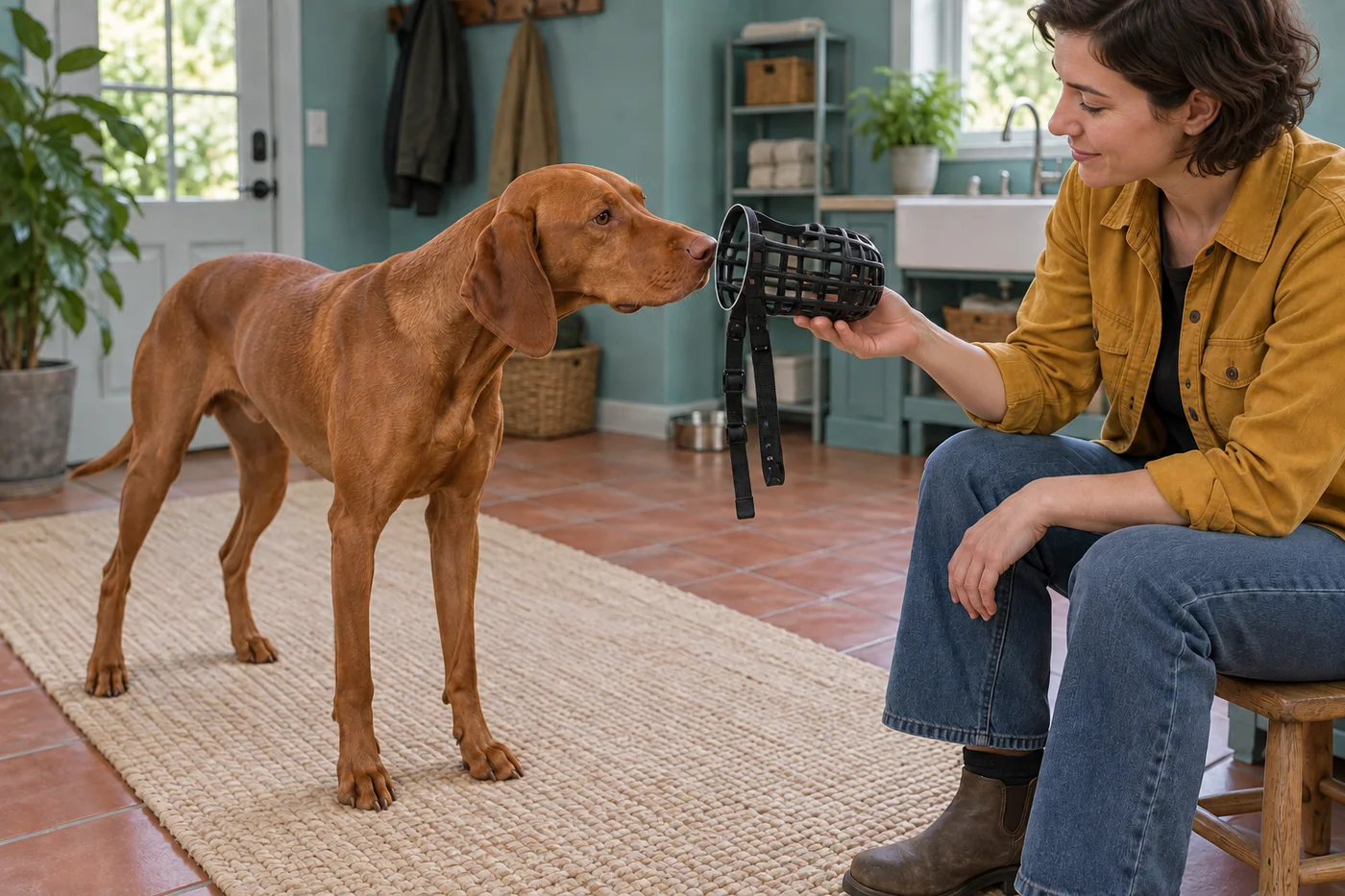 Copper Vizsla freely approaches an unfastened basket muzzle held still by a seated adult in a turquoise utility room