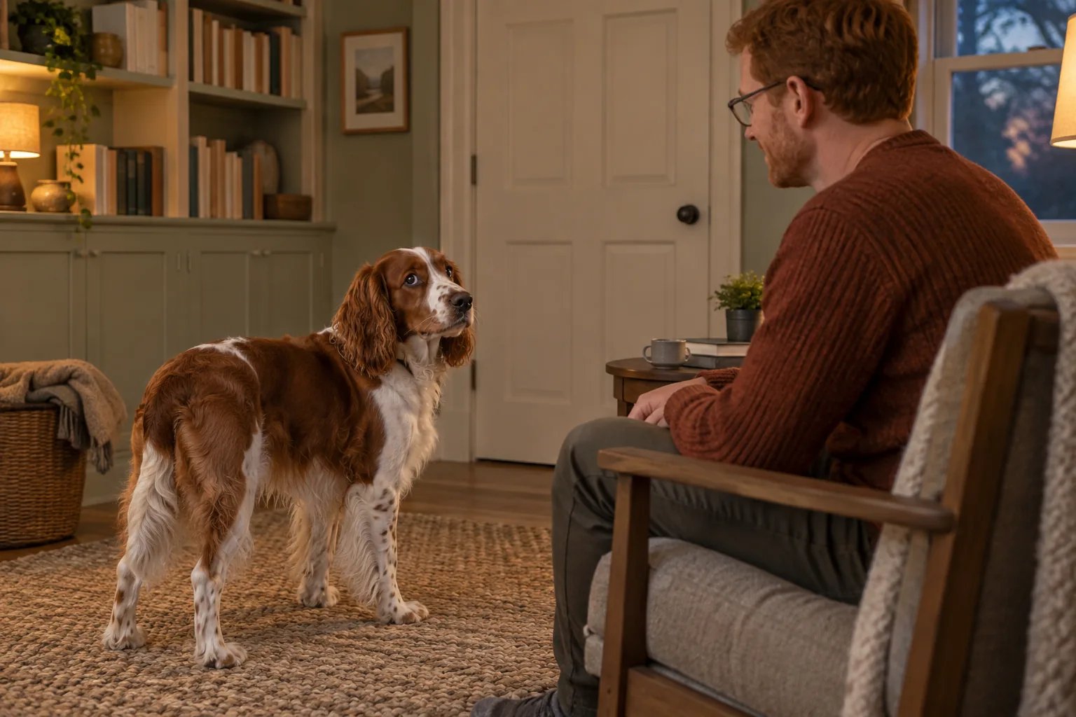 A chestnut-and-white spaniel turns its head toward a seated man in a quiet reading nook while keeping its paws on the rug