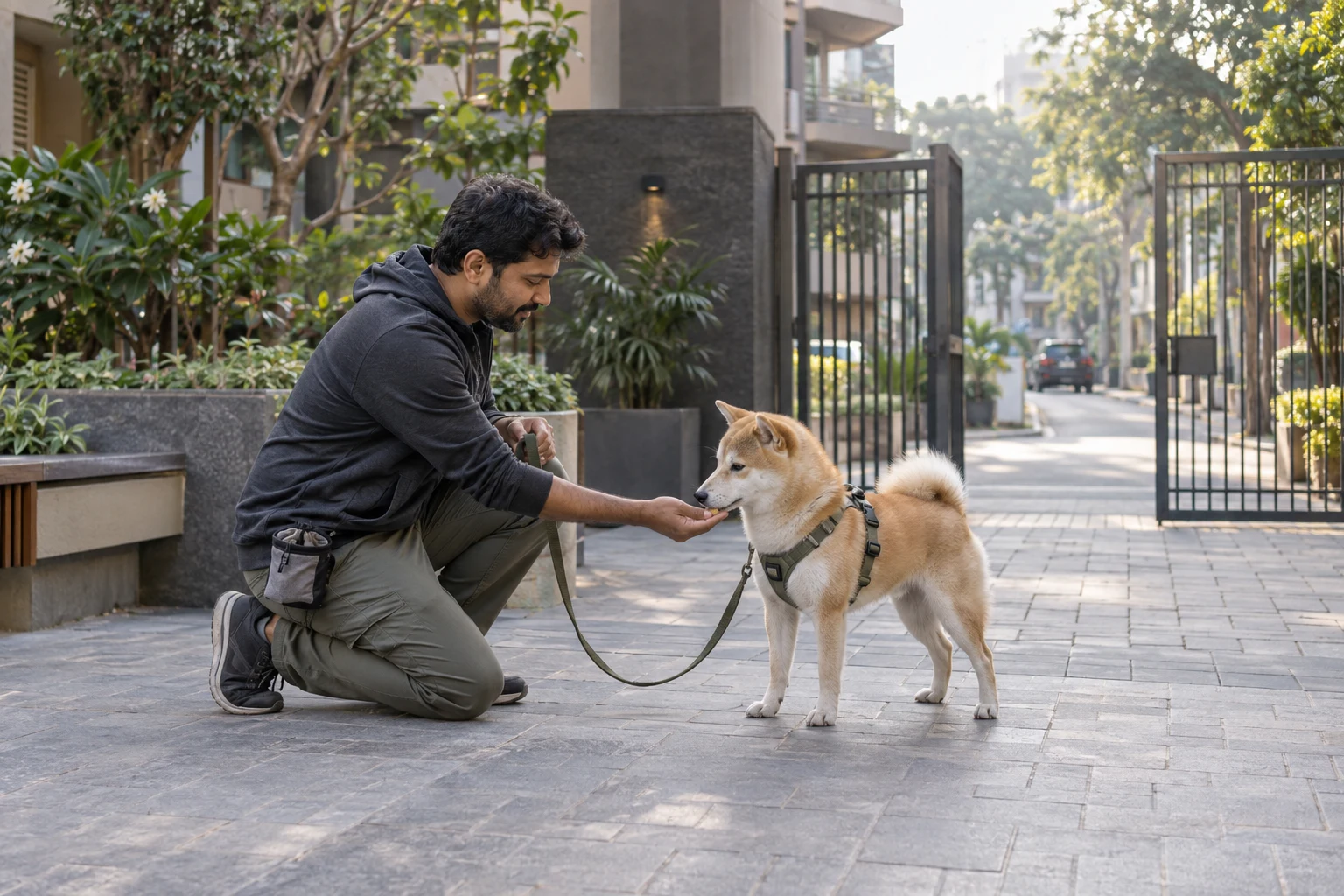 Man rewards a relaxed Shiba Inu at a quiet apartment gate before moving closer to the street