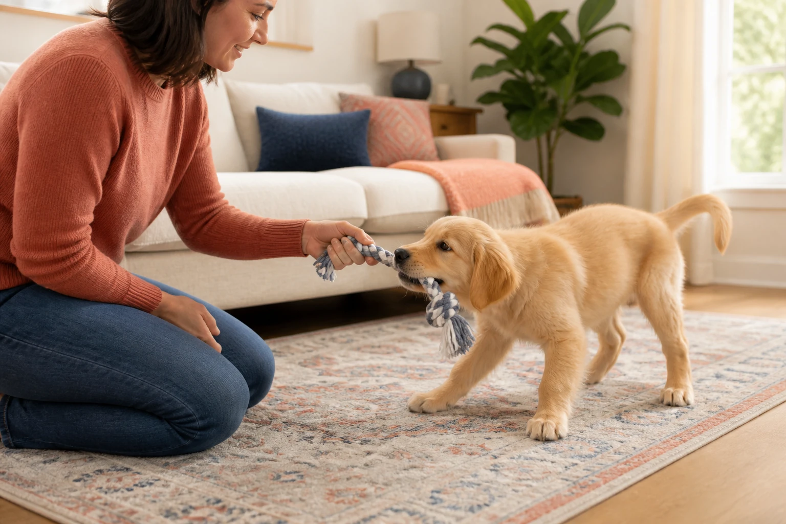 Chiot golden retriever choisissant un jouet tressé présenté calmement par sa propriétaire