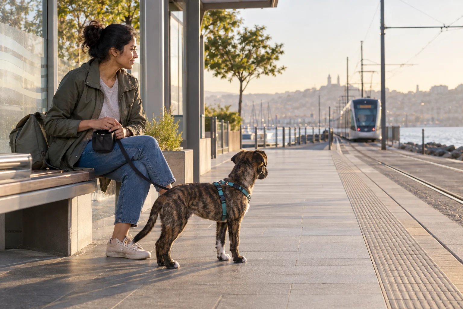 Brindle puppy watches a tram from a safe distance beside its seated handler at a quiet waterfront stop