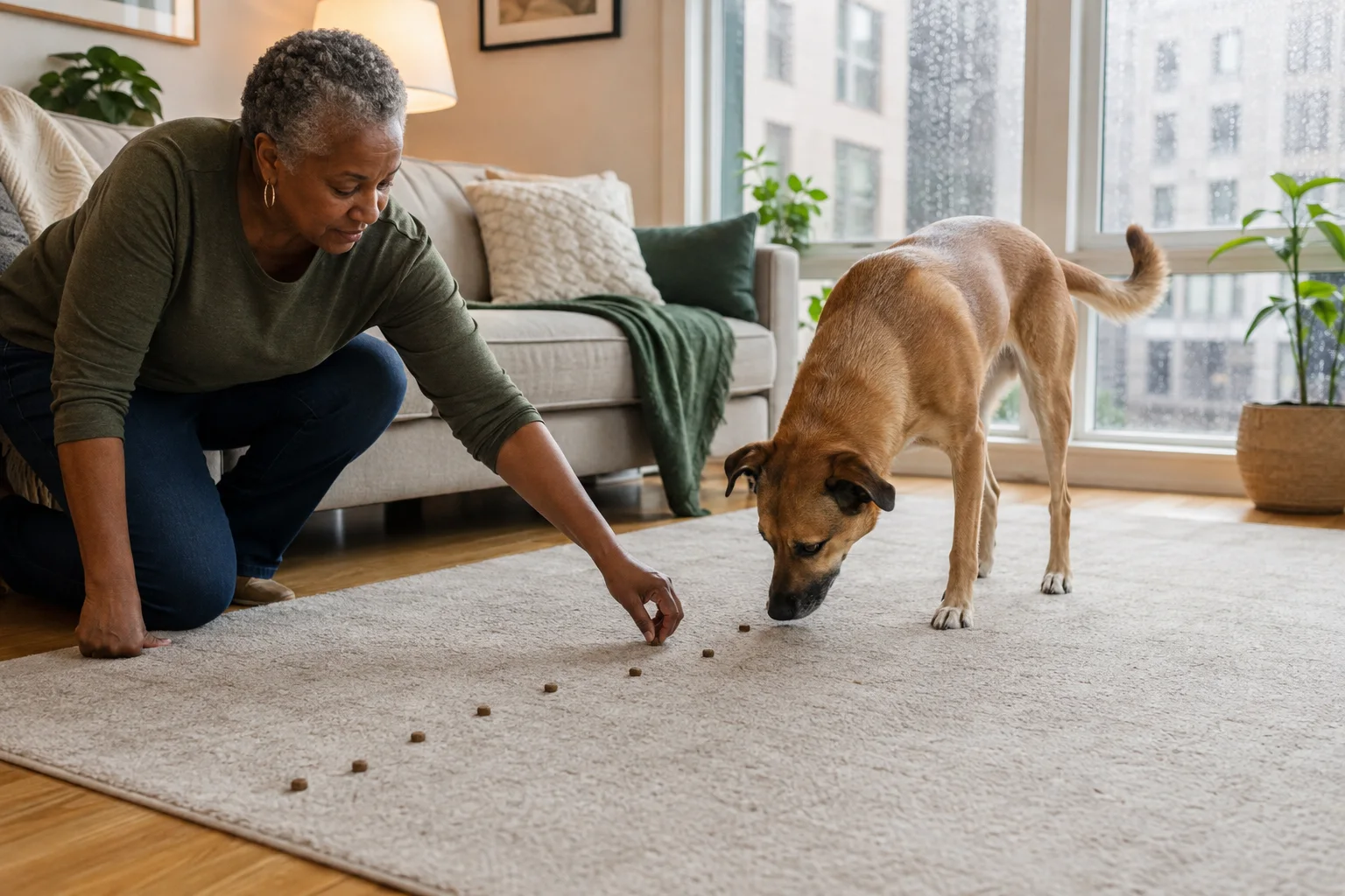 Woman lays a short kibble scent trail for a relaxed mixed-breed dog beside a rain-covered apartment window