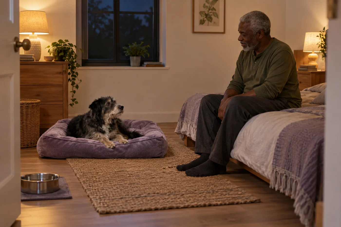Um cachorro adulto sem raça definida, preto e cinza, descansa numa cama lavanda enquanto um homem fica num colchão próximo separado