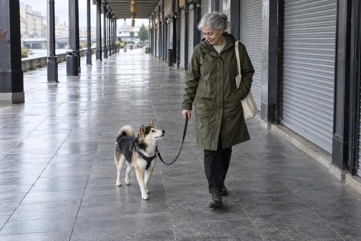 An older woman walks with a harnessed Shiba Inu on a clean urban promenade as the dog turns toward her on a held loose leash