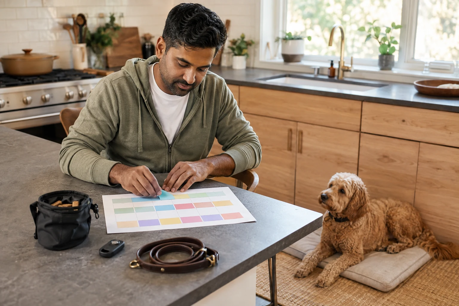 Man plans a weekly dog training schedule at a kitchen table while his relaxed dog waits on a mat