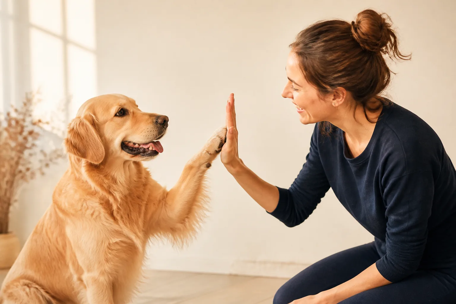Owner and golden retriever celebrating a successful high-five training cue