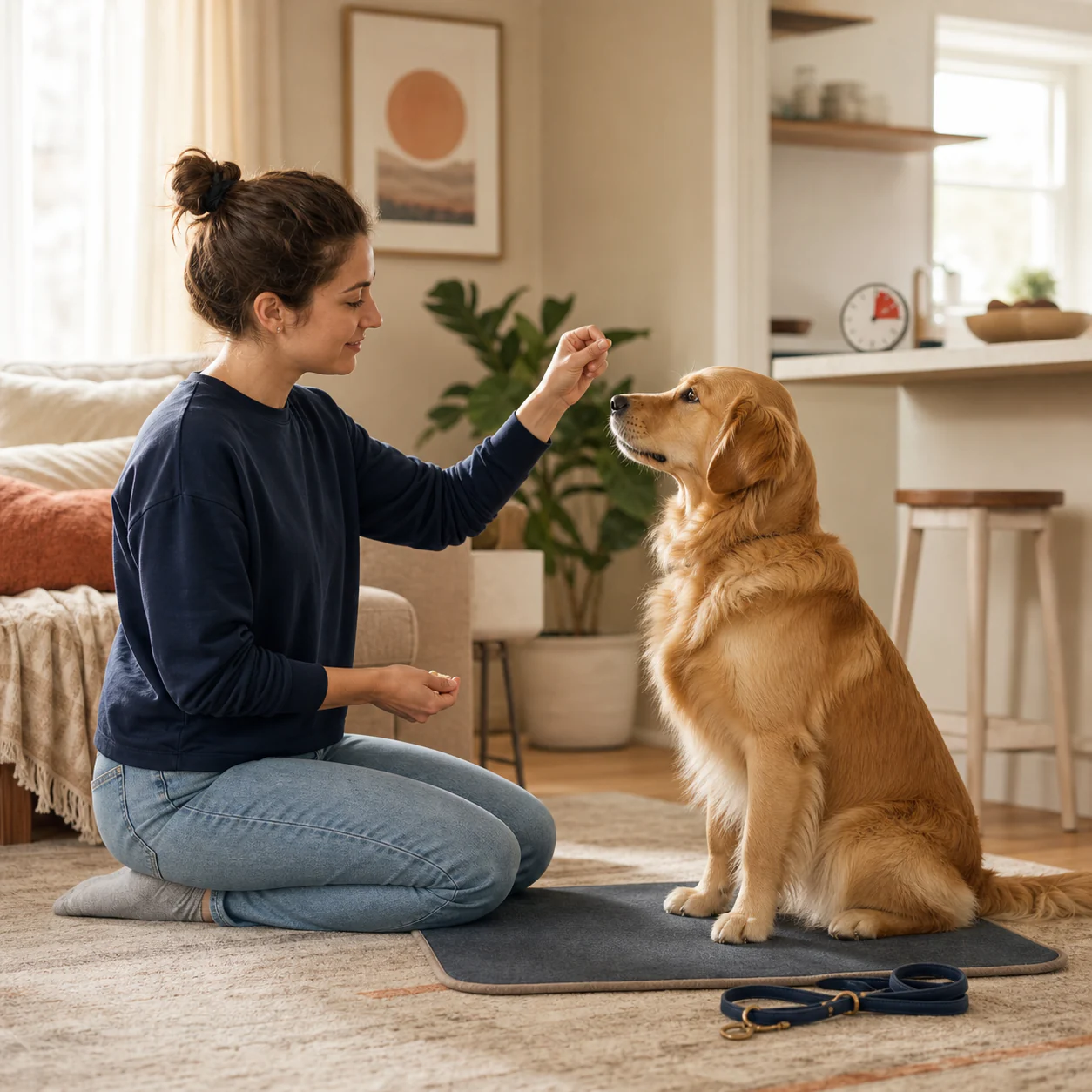 يمارس المستردون الذهبيون دروس DogPath القصيرة القائمة على المكافآت مع أصحابهم في المنزل