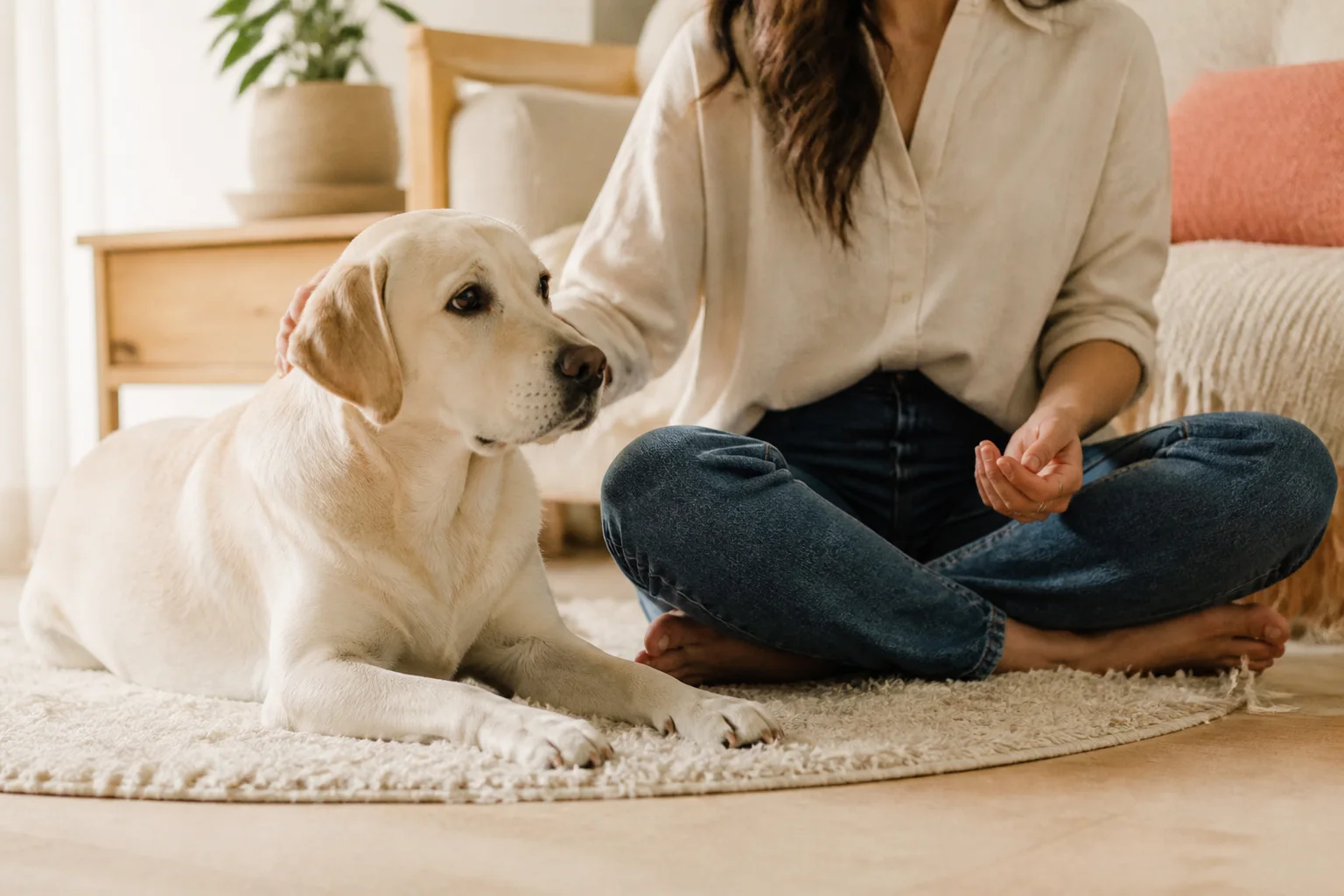 Calm dog resting near its owner during a gradual home settle session